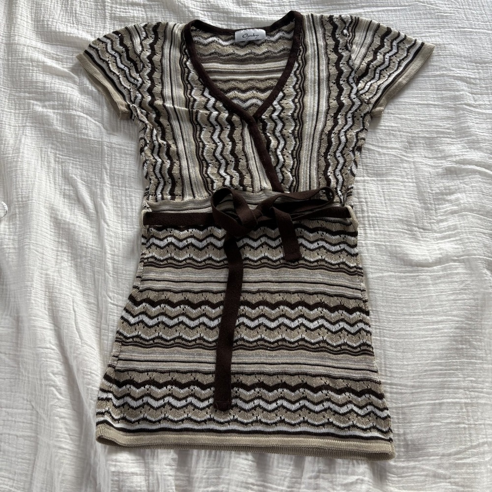 Chesley Knit Top Chevron Zigzag Tie Waist Brown Tan Boho Wrap Pointelle M